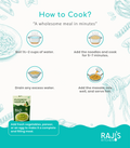 An instructional cooking graphic for Raji's Kitchen Avocado Noodles. The image features a step-by-step guide with illustrations and text: 'How to Cook? A wholesome meal in minutes'.