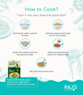 An instructional cooking graphic titled 'How to Cook?' with six illustrated steps for preparing pasta, plus a small Raji's Kitchen avocado pasta pouch and branding at the bottom.