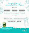 An ingredients infographic for Raji's Kitchen Avocado Millet Pasta, detailing the components of the pasta base (multi-millet blend, sorghum millets, whole wheat flour, avocado powder, cluster bean powder, iodized salt) and the masala mix (garlic and onion powder, garam masala and chaat masala, pink salt and chili flakes, brown sugar) with small product packaging images.