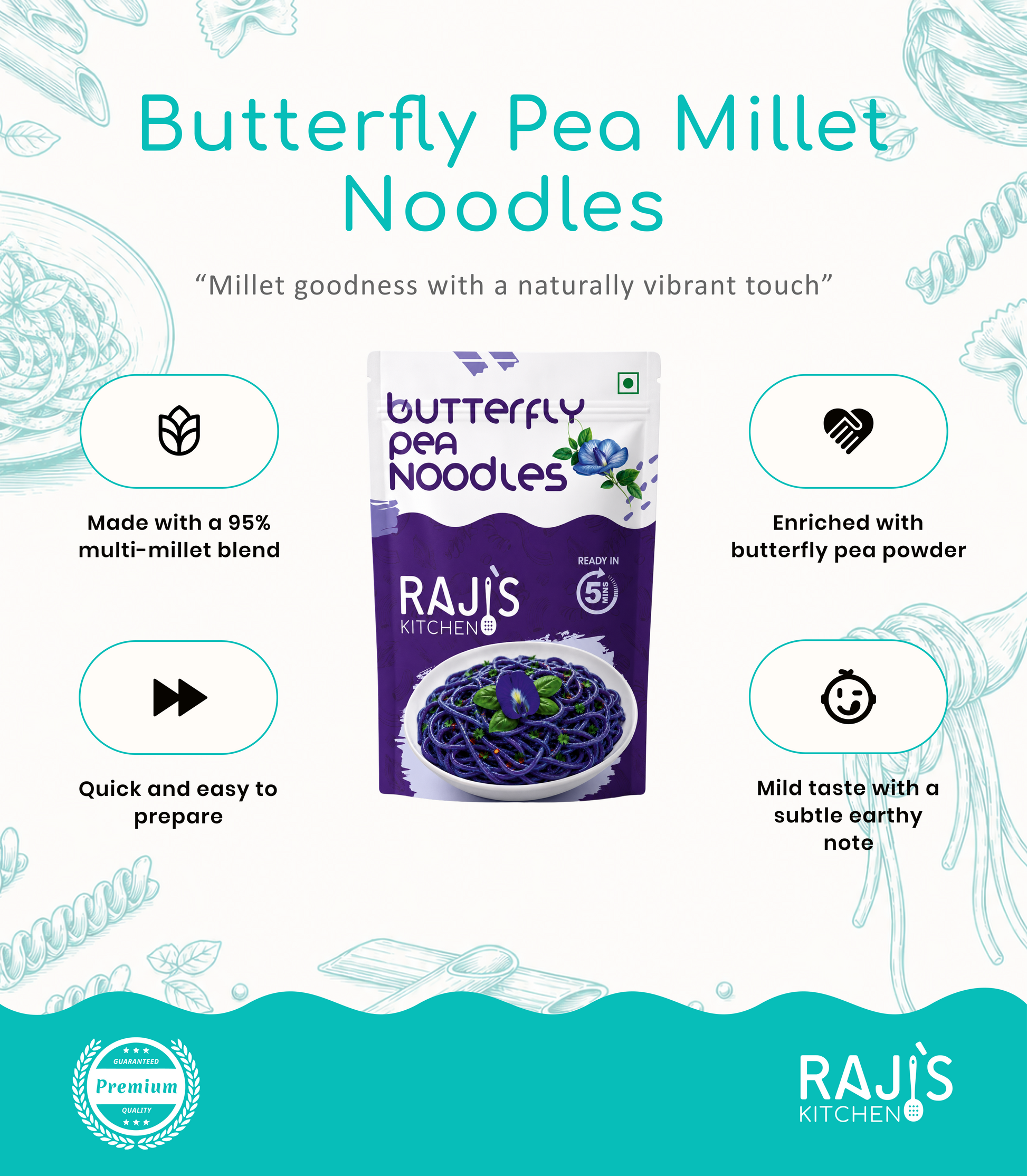 Promotional graphic for Raji's Kitchen Butterfly Pea Millet Noodles, featuring a package of the purple-colored noodles centered on a teal and white background with decorative illustrations and feature callouts.