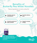 Promotional graphic for Raji's Kitchen Butterfly Pea Millet Noodles, featuring four benefit callouts on a white background with teal accents: natural antioxidants, dietary fibre, protein for daily nutrition, and support for steady energy. The product pouch is shown in the lower left corner.