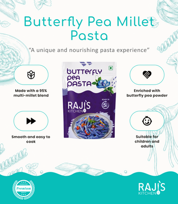 Promotional graphic for Raji's Kitchen Butterfly Pea Millet Pasta, featuring a central package image surrounded by four benefit callouts on a white background with teal decorative illustrations and text.