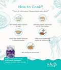 An instructional cooking graphic titled 'How to Cook?' showing five steps for preparing pasta: boiling water with salt, adding Raji's buttery pasta and cooking, draining and setting aside, adding sauce or seasoning, and mixing well before serving. A small package of Raji's pasta is shown near the bottom left, with the Raji's Kitchen brand logo in the bottom right on a teal and white background.