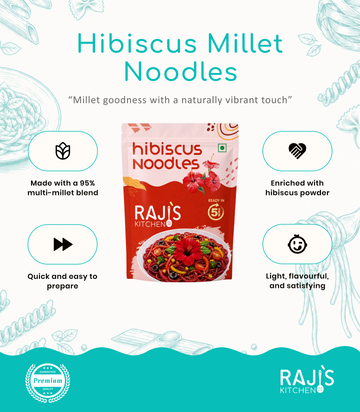 Promotional graphic for Raji's Kitchen Hibiscus Millet Noodles, showing the product pouch centered with marketing text and icons around it on a white background with teal decorative illustrations.