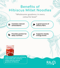 Promotional infographic for Hibiscus Millet Noodles by Raji's Kitchen, outlining health benefits such as natural antioxidants, dietary fibre, protein, and energy support. Features a small product package image at the bottom left and stylized noodle illustrations on a teal and white background.