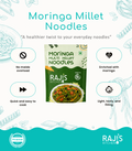 Promotional graphic for Raji's Kitchen Moringa Millet Noodles, featuring the product packaging in the center with marketing text and icons around it on a white background with teal accents.