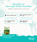 Promotional graphic for Raji's Kitchen Moringa Millet Noodles, featuring four benefit callouts: rich in dietary fibre, natural source of iron, supports steady energy, and light on the stomach. A small package image is shown at the bottom left, with Raji's Kitchen branding at the bottom right on a white and teal background.