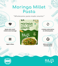 Promotional graphic for Raji's Kitchen Moringa Millet Pasta, showing the green and white product packaging in the center with feature callouts around it on a white background with teal decorative illustrations and a teal footer.