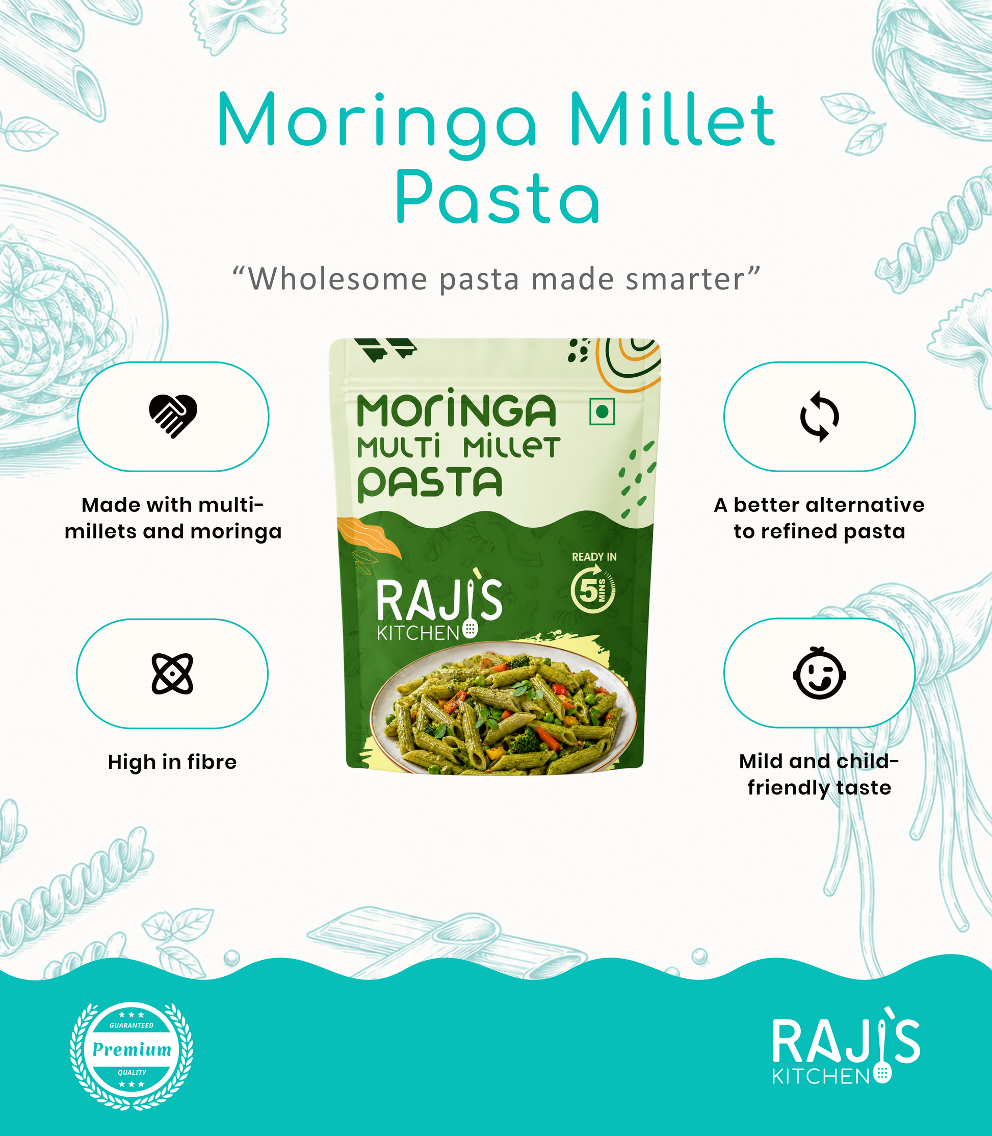 Promotional graphic for Raji's Kitchen Moringa Millet Pasta, showing the green and white product packaging in the center with feature callouts around it on a white background with teal decorative illustrations and a teal footer.