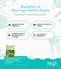 Promotional graphic for Raji's Moringa Millet Pasta, outlining health benefits such as better digestion, sustained fullness, natural nutrients, and no artificial additives. The design features a teal and white layout with hand-drawn pasta illustrations and a small product package image.