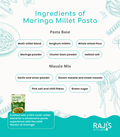 An infographic detailing the ingredients of Raji's Moringa Millet Pasta, categorized under 'Ingredients' with labels for 'Pasta Base' and 'Masala Mix' on a white background with a teal footer.